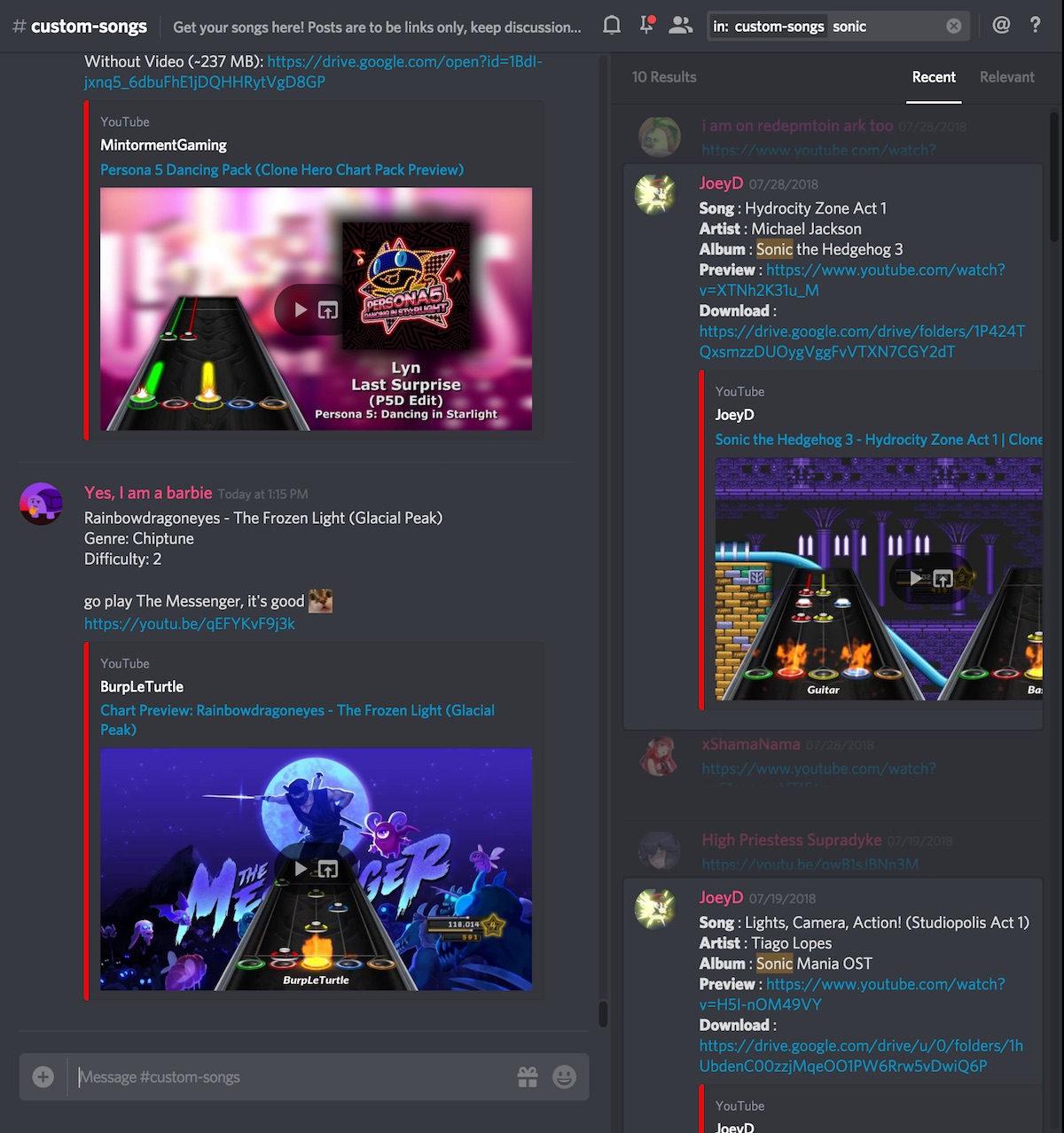 Screenshot of the #custom-songs channel of the official CH Discord
