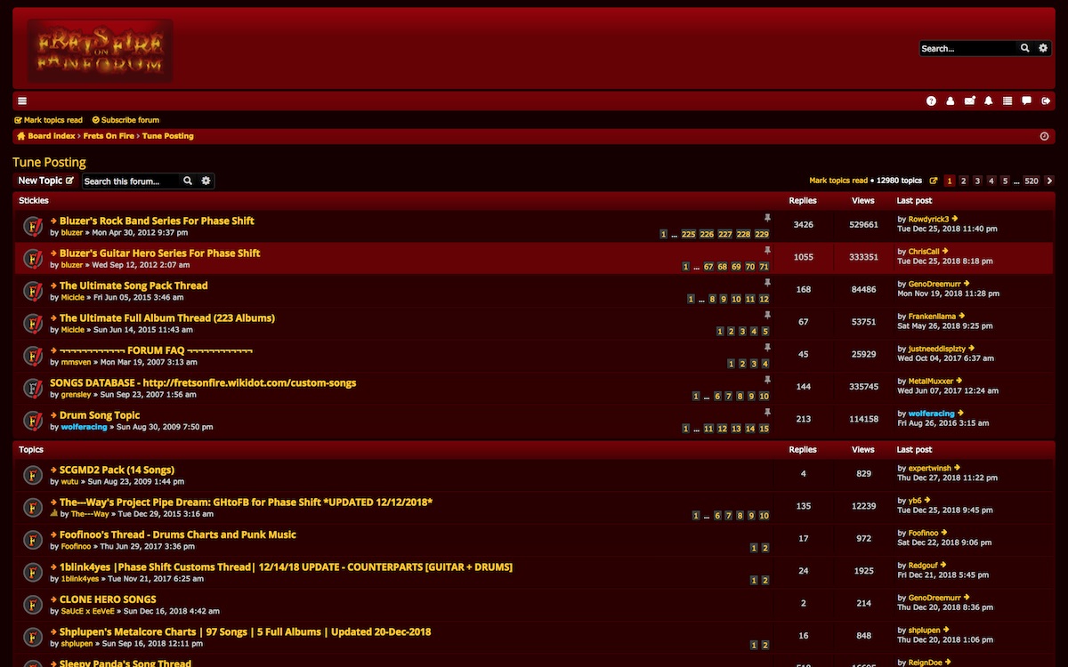 Screenshot of the "Tune Posting" section of the Frets on Fire forums