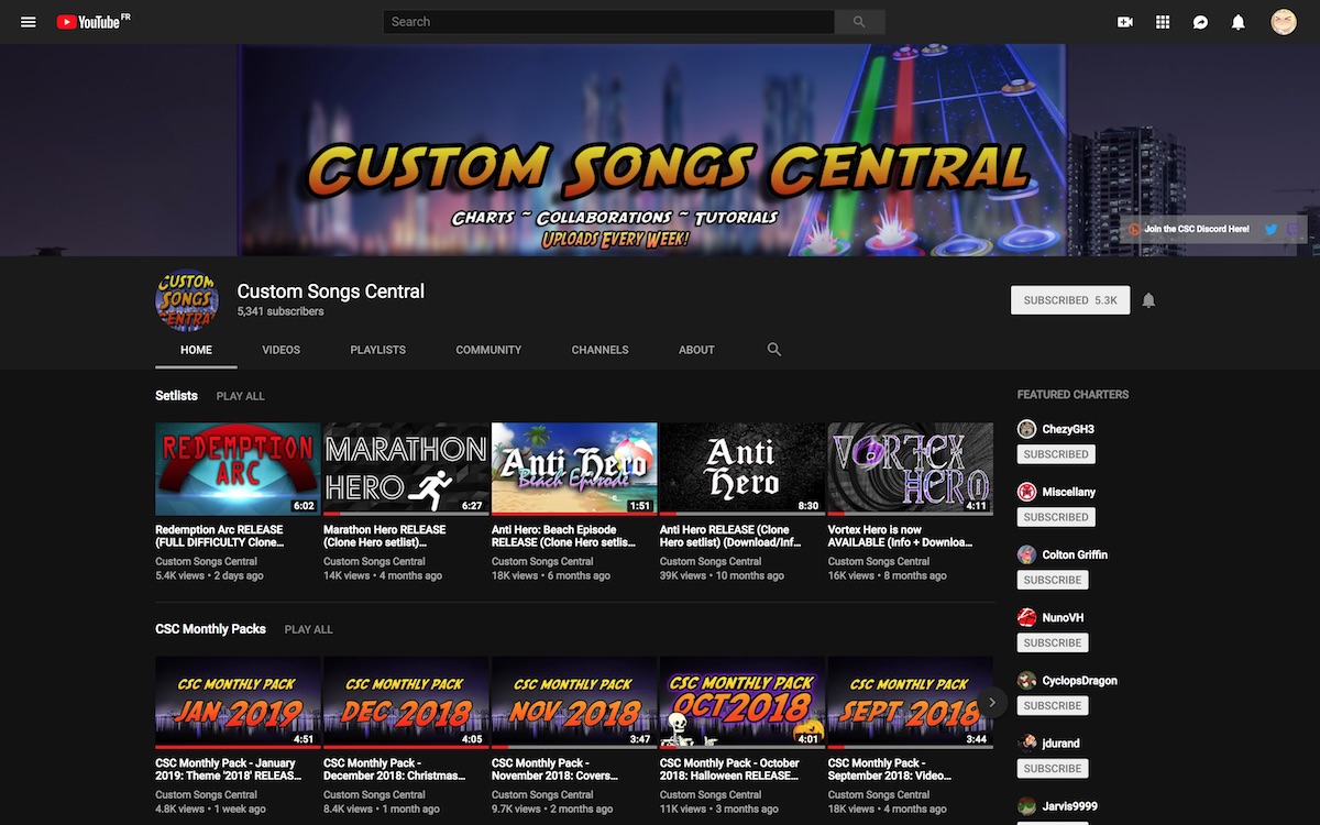 Screenshot of the YouTube channel of the "Custom Songs Central" collective