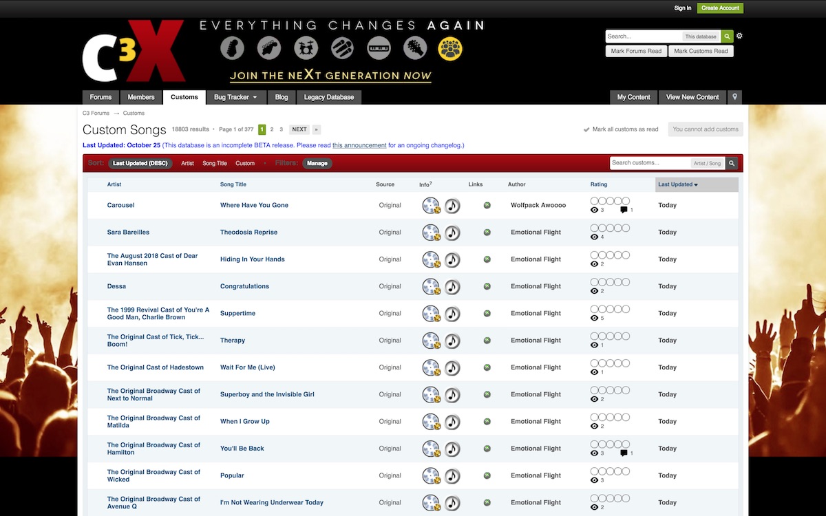 Screenshot of the "Custom Creators Collective" database of custom songs