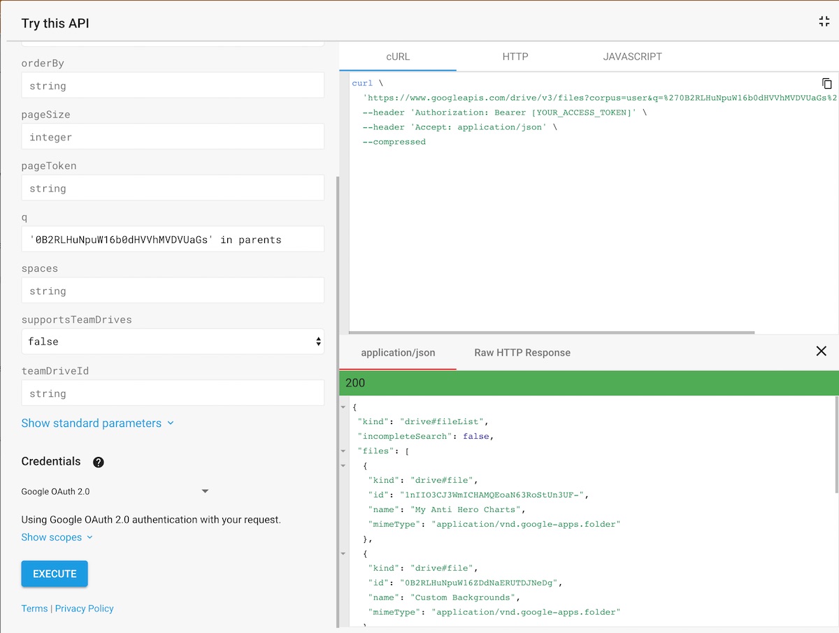Screenshot of the files.list API call for Siavash's folder
